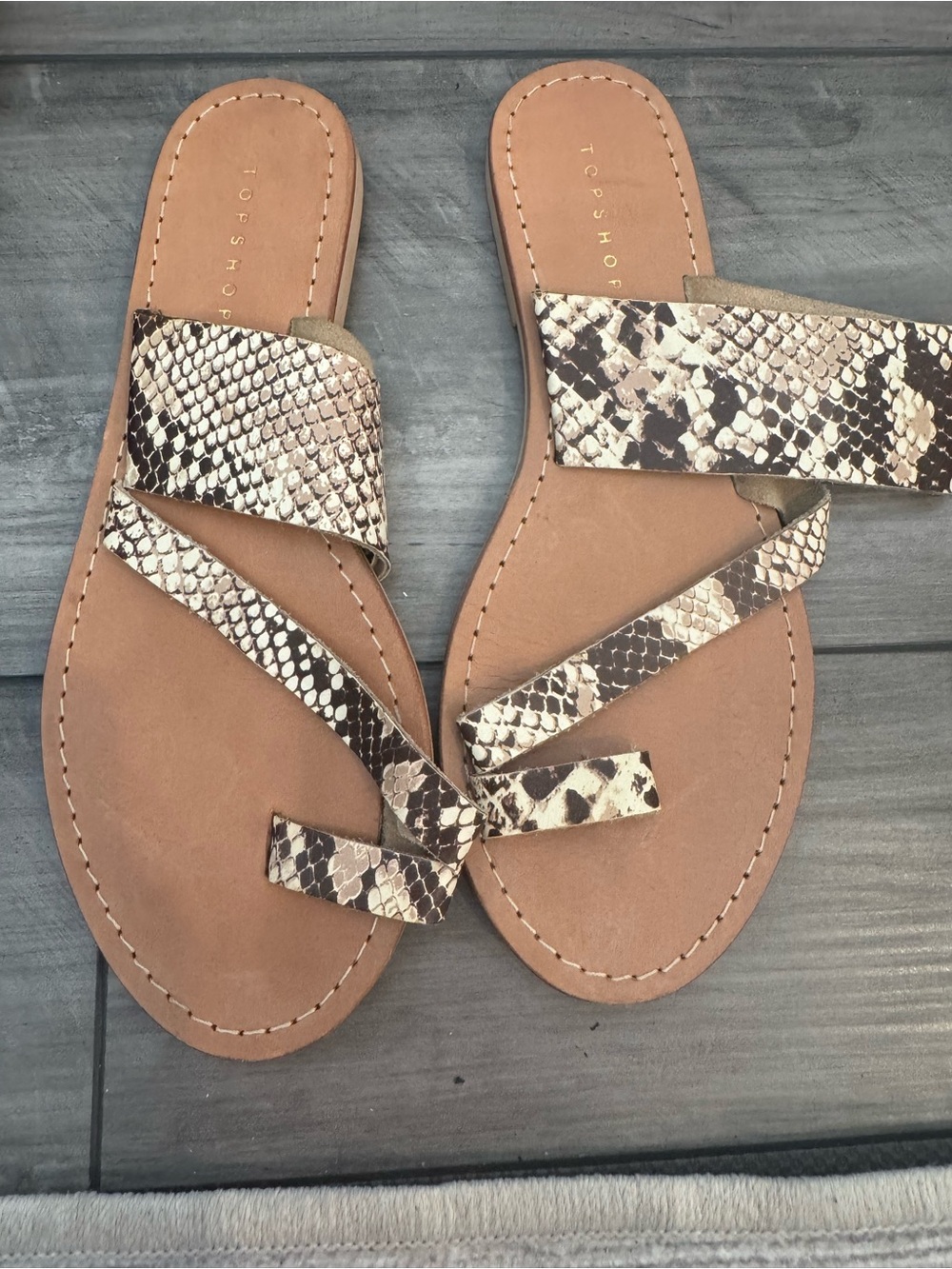 Topshop Tan & Cream Snake-Print Slide Sandals